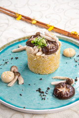 chinese banquet vegetable egg fried rice with assorted mushroom asian vegan halal food menu in blue plate banquet restaurant