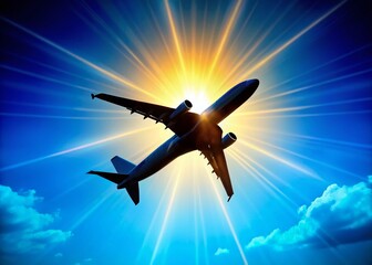 In a clear blue sky, an airplane silhouette enchants with a radiant sun backdrop, symbolizing the essence of