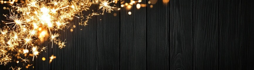 Naklejka premium Golden Sparklers on Black Wooden Background: New Year Celebration and Festive Atmosphere. Warm and Festive Web Banner Design.