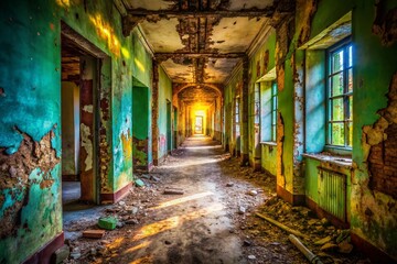 In a derelict building, an eerie hallway stretches forth, its crumbling walls cloaked in shadows while soft, natural