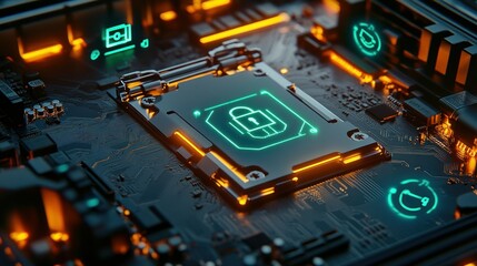 Fototapeta premium Cyber Security Circuit Board with Glowing Lock Icon