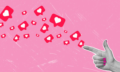Modern art collage featuring hand and flying hearts on pink background with copy space.