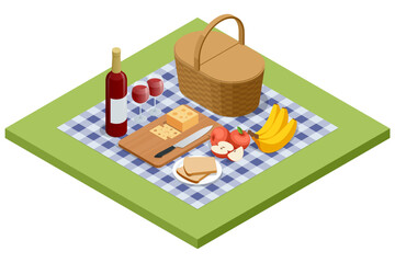 Isometric picnic basket on a blanket in the meadow, surrounded by nature. It represents the idea of relaxation, a romantic meal, and a family weekend outing.