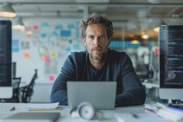 Obraz premium Man working using a computer in the office of a high tech company with multiple monitors.