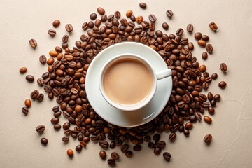 Naklejka premium In a calm setting, a pristine mug rests with coffee and milk, complemented by elegant coffee beans, embodying a minimalist aesthetic and peaceful ambiance.