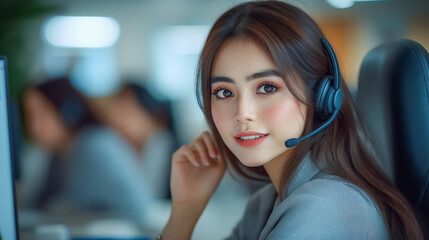 Young Asian woman with long hair and a headset provides customer service support and looking to camera in open office environment. Customer service and communication concept.