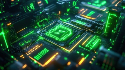 Obraz premium Futuristic Green and Orange Circuit Board with Glowing Lines