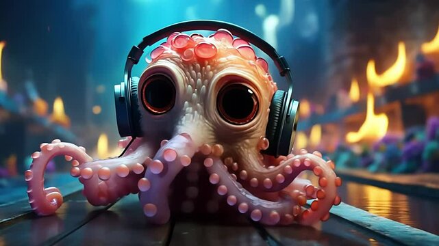 Cute octopus with headphones listening to music or DJ in a night club. Created with generative AI.	
