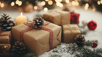Christmas gifts in snow with pinecones and candles