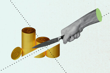 Trend artwork composite sketch image 3D collage of hand hold knife crisis loss money cut cross line...