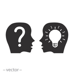 reflect or curious, question and answer for problem, icon, man think, solution doubt, wonder thinking person, idea or solving, flat vector illustration