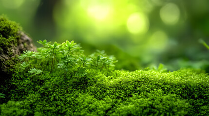 Closeup or macro view of beautiful moss in a forest background.