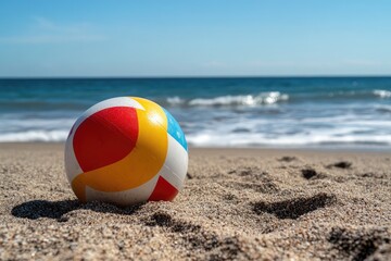Obraz premium Beach ball on sand with ocean in the background. Perfect for websites and blogs about summer, vacation, and relaxation.