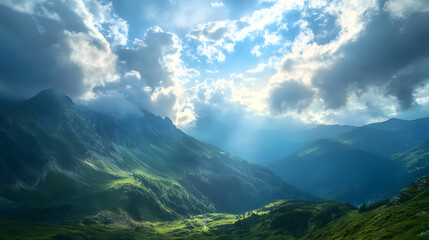 Clouds Over a Mountain Valley: A dramatic scene of clouds swirling over a mountain valley, highlighting the rugged terrain and atmospheric weather.