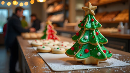 cookies shaped like Christmas tree adorned with a star icing and colourful decorations placed on a festive bakery counter in the background figures of people and shelves filled with rows of bread