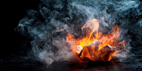 A piece of paper is on fire and surrounded by smoke