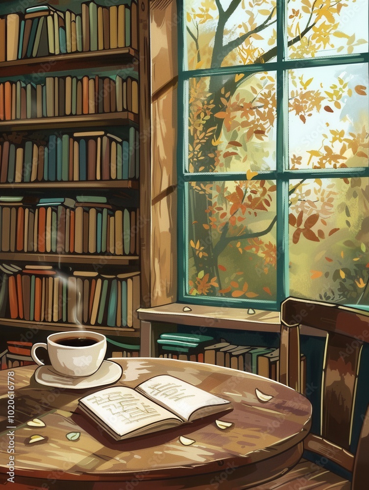 Poster The inviting atmosphere features a cup of coffee and an open book on the table, surrounded by shelves of books and autumn views outside. Generative AI