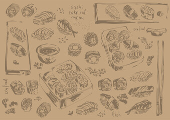 Asian food background with different types of sushi, sashimi and rolls with salmon fish, caviar, nori, rice, crab, prawn.