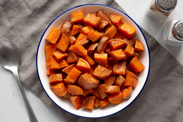 Homemade Roasted Sweet Potatoes on a Plate, top view.