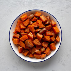 Homemade Roasted Sweet Potatoes on a Plate, top view.