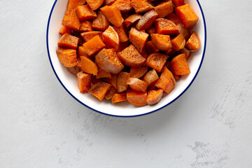 Homemade Roasted Sweet Potatoes on a Plate, top view.