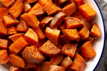 Homemade Roasted Sweet Potatoes on a Plate, top view.