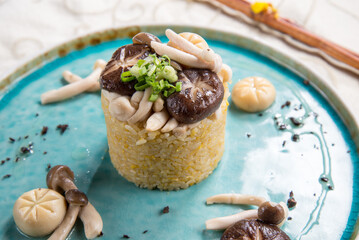 chinese banquet vegetable egg fried rice with assorted mushroom asian vegan halal food menu in blue plate banquet restaurant