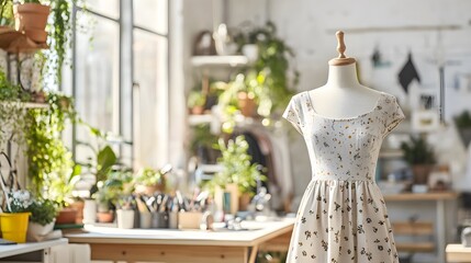Organic cotton dress draped on a mannequin in a bright, eco-conscious studio