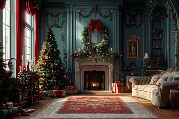 Elegant Victorian Style Room with Festive Holiday Decor and Fireplace
