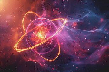 Unstable Atom nucleus with electrons spinning around its technology background.