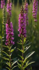 Fototapeta premium Close-Up of Tall Purple Wildflowers in Natural Setting Against Green Foliage