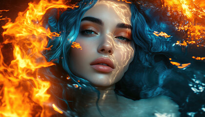 A beautiful woman with blue hair is submerged in water, surrounded by vibrant orange and yellow flames. 