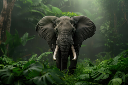 Majestic Elephant in Lush Jungle.  A powerful African elephant emerges from the vibrant green foliage of a tropical rainforest, its ivory tusks gleaming in the dappled sunlight.