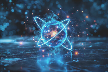 Obraz premium Unstable Atom nucleus with electrons spinning around its technology background.