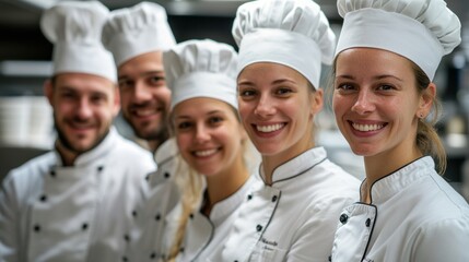 Smiling team of professional chefs in kitchen, wearing white uniforms, culinary expertise, teamwork, restaurant environment, diverse group, food preparation, hospitality industry, teamwork and skill