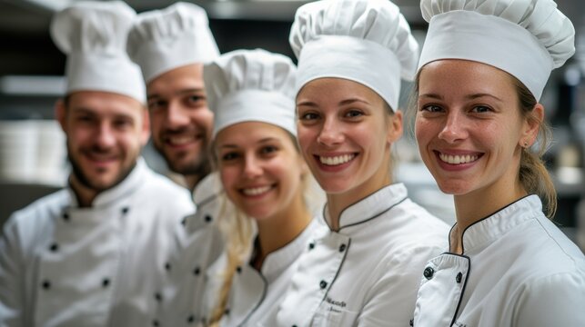 Smiling team of professional chefs in kitchen, wearing white uniforms, culinary expertise, teamwork, restaurant environment, diverse group, food preparation, hospitality industry, teamwork and skill