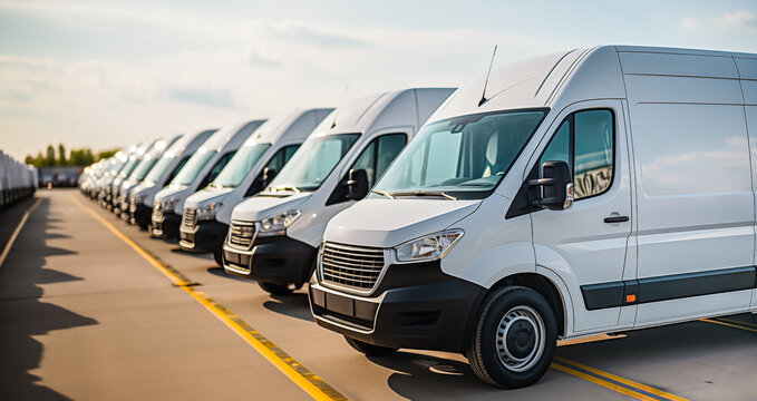Fleet management concept. Commercial white electric vans parked at car dealership.