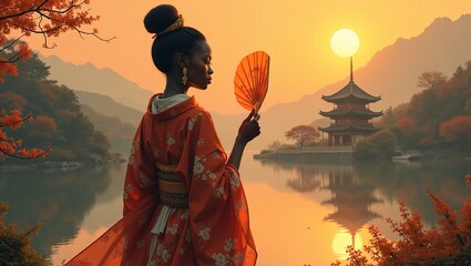 Painting of An African woman with a fan is wearing traditional Japanese clothes and is standing in a garden by the lake artwork has a dark fantasy