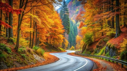 Forced perspective of a winding secondary road in a mountain forest during autumn