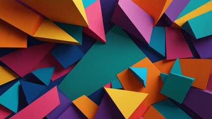 Vibrant geometric shapes with bold colors forming an abstract composition on a plain background.