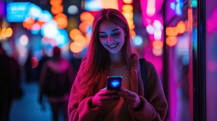 Young woman using her phone under colorful neon lights at night
