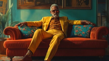 Obraz premium A man in a bright yellow suit sits comfortably on an orange couch