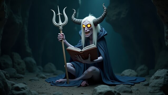 3D render of a dark fantasy creature with pale skin long white hair curved horns and glowing yellow eyes sitting in a rock in the cave dark fantasia wearing a blue cloak open book painting