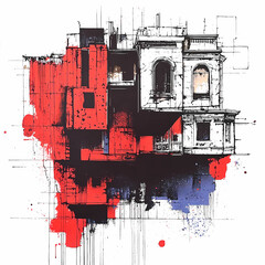 sketch style of  buildings, concept of urban levitation in modern city