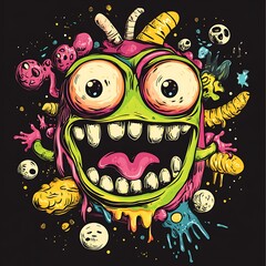A cartoon monster with big eyes and a toothy grin, surrounded by colorful goo and abstract shapes.