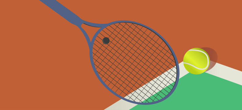 Tennis racket and ball horizontal banner. Playing sport design for advertisement, poster, app, web.