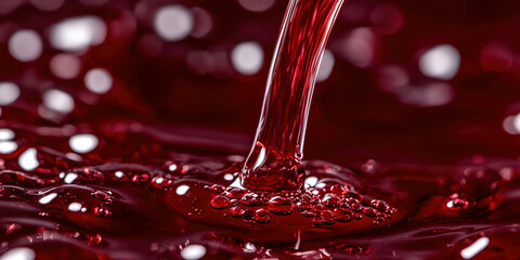A stream of red liquid is pouring into a glass