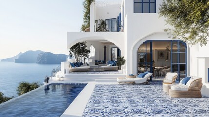 Obraz premium 3D rendering of a Santorini-inspired luxury home, positioned by the sea, with classic white and blue accents