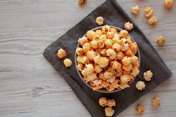 Homemade Crunchy Chicago-Style Popcorn with Caramel and Cheese in a Bowl, top view.