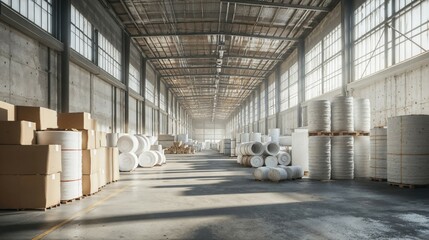A large warehouse that is filled with numerous boxes and barrels